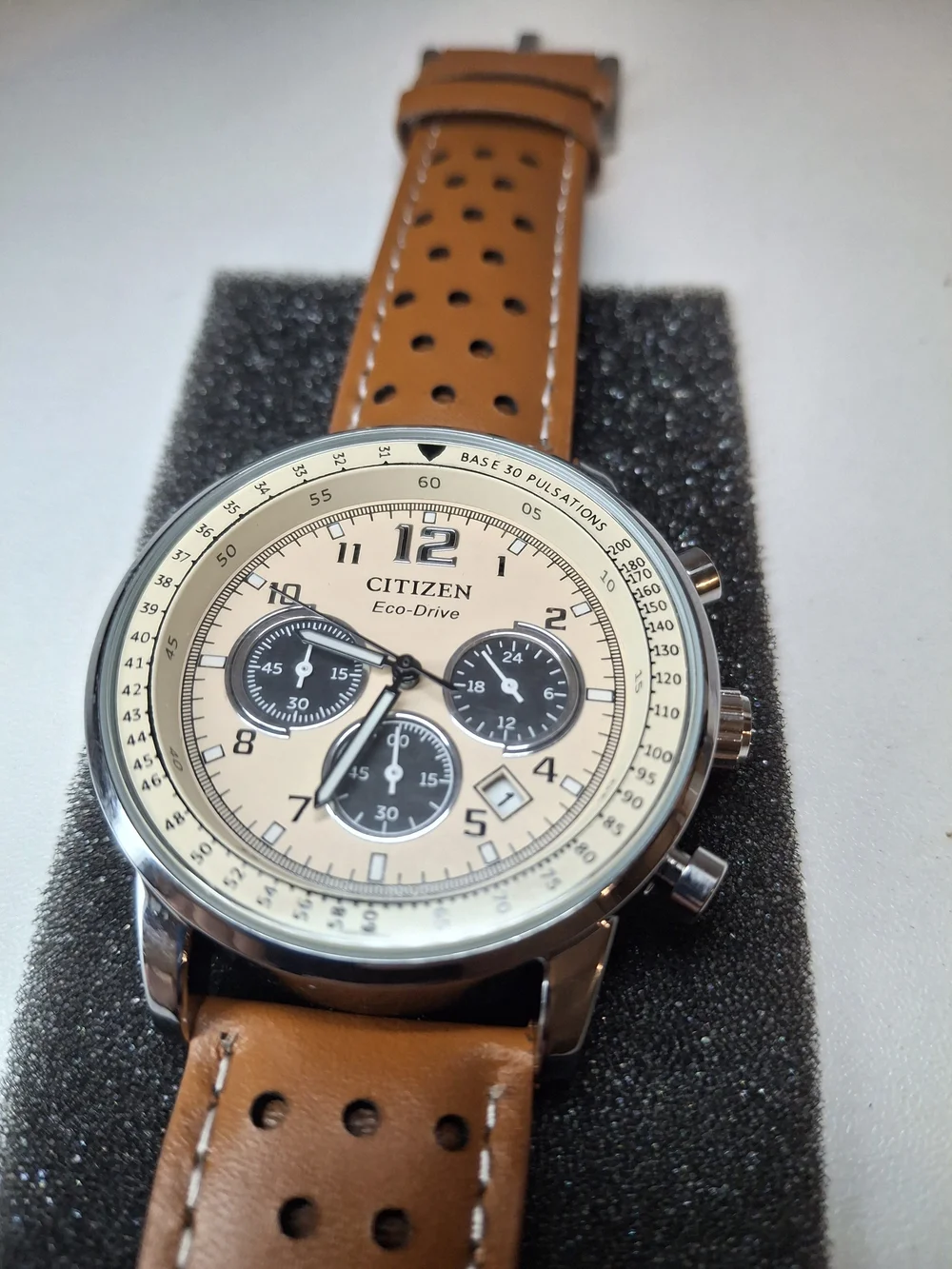 Citizen Eco-Drive Chronograph Watch - Tan Dial & Brown Leather Strap